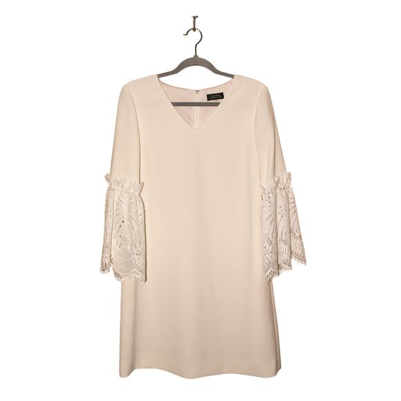 TAHARI ASL $128 Crochet Sleeve Contrast V-Neck Shift Dress White Size 8 - Picture 3 of 5